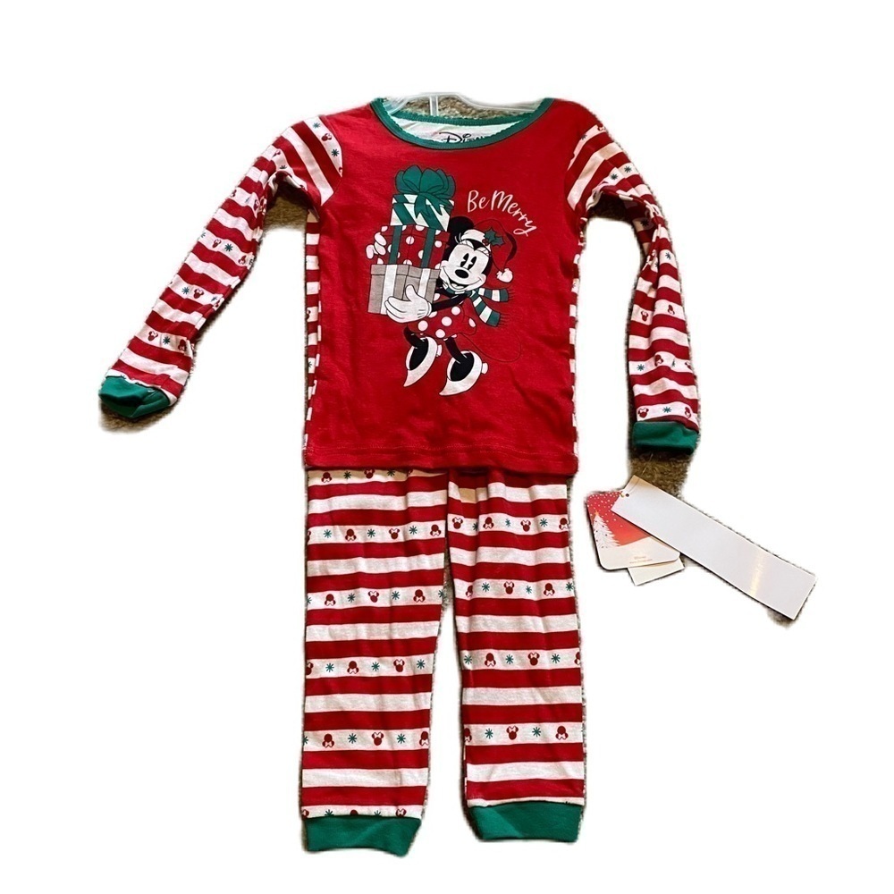 Disney Minnie Mouse Christmas Pajamas 5T Red Green White Stripe Two Piece